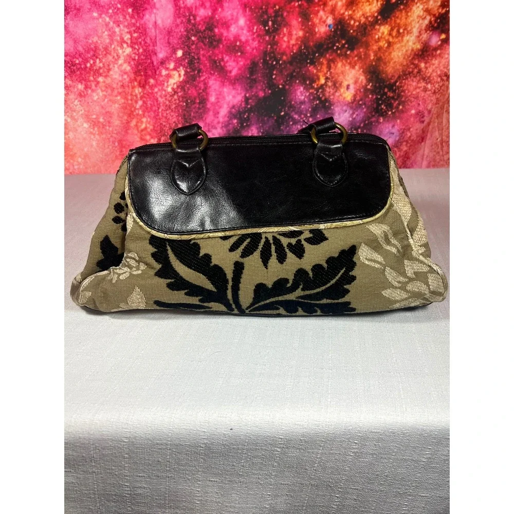 Maggie B Satchel Handbag Olive Green Black Tapestry Floral Studded Faux Leather